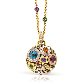 18ct gold Diamonds, Ruby, Sapphire, Busy garden pendant