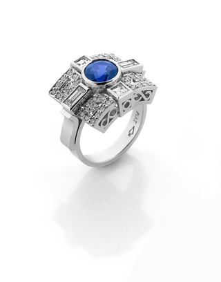 Platinum ceylon sapphire and diamond art deco dress ring