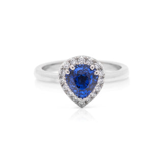 Platinum diamond and pear shaped ceylon sapphire hand made dress ring