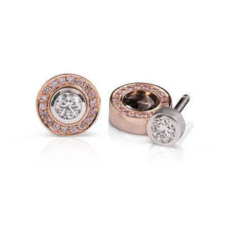 Rubover diamond studs with removable pink diamond halo