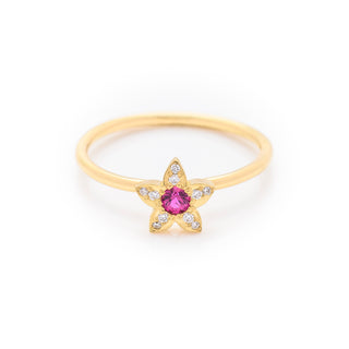 diamond and pink sapphire dress ring made in 18ct yellow gold. From our flowers collection