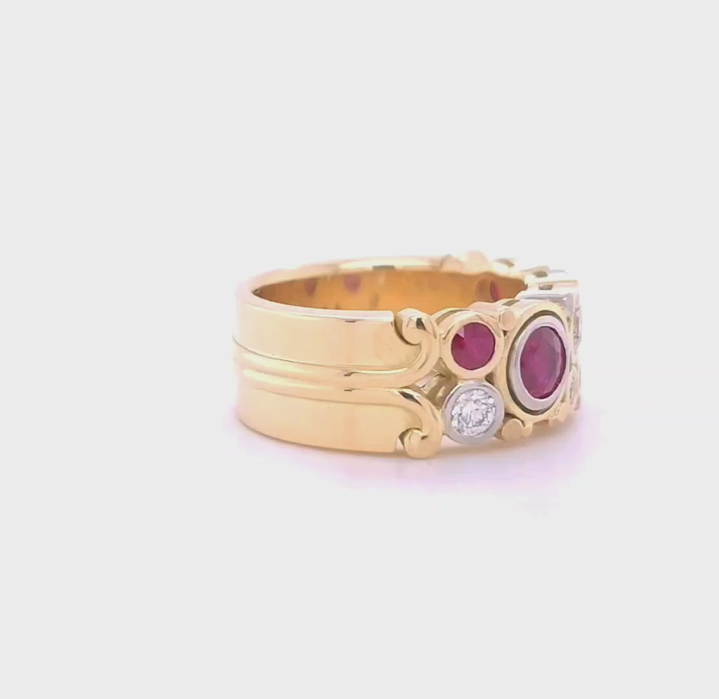18ct yellow and platinum Burmese ruby, Natural diamond dress ring, medium diamond carbonated ring