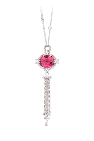 11ct Pink tourmaline and diamond pendant. Made in 18ct white gold
