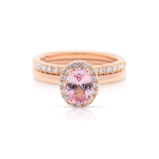 18ct rose gold diamond and padparadscha sapphire hand made dress ring with matching wedding ring