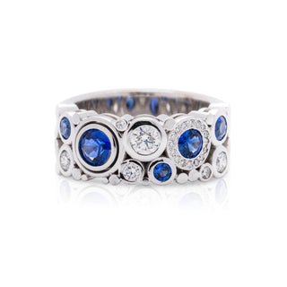 18ct white gold ceylon sapphire and diamond dress ring, wide carbonated dress ring