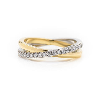 18ct yellow gold and platinum cross-over diamond wedding ring