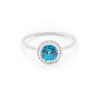 Blue zircon diamond dress ring made in 18ct white gold. From our flowers collection