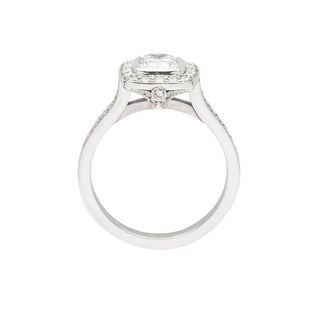 Cushion cut diamond and platinum engagement ring - side view