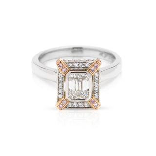 Emerald cut Diamond Platinum engagement ring with Pink diamond accents