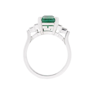 Hand made platinum diamond and colombian emerald cut dress ring - side view