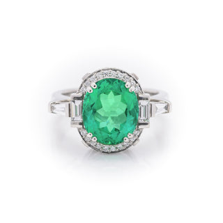 Hand made platinum diamond and oval colombian emerald dress ring
