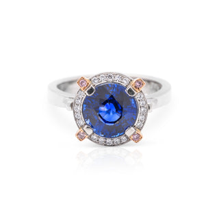 Platinum diamond and ceylon sapphire with pink diamond claws hand made dress ring