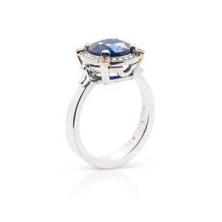 Platinum diamond and ceylon sapphire with pink diamond claws hand made dress ring - 3 quarter view