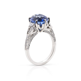 Platinum diamond and oval shaped ceylon sapphire hand made dress ring - 3 quarter view