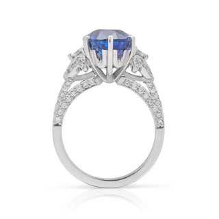 Platinum diamond and oval shaped ceylon sapphire hand made dress ring - side view