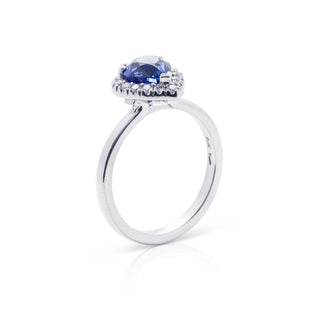 Platinum diamond and pear shaped ceylon sapphire hand made dress ring - 3 quarter view1