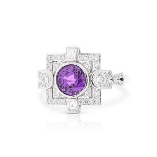 Purple sapphire and diamond art deco dress ring. Hand made in platinum